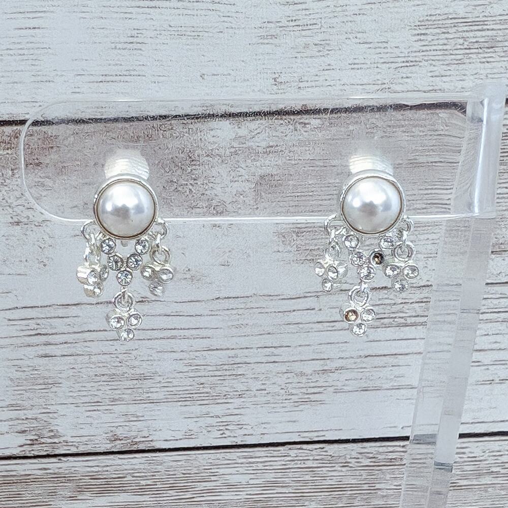 Vintage Clip On Earrings Faux Pearl with Clear Gem Dangle - Missing Gems